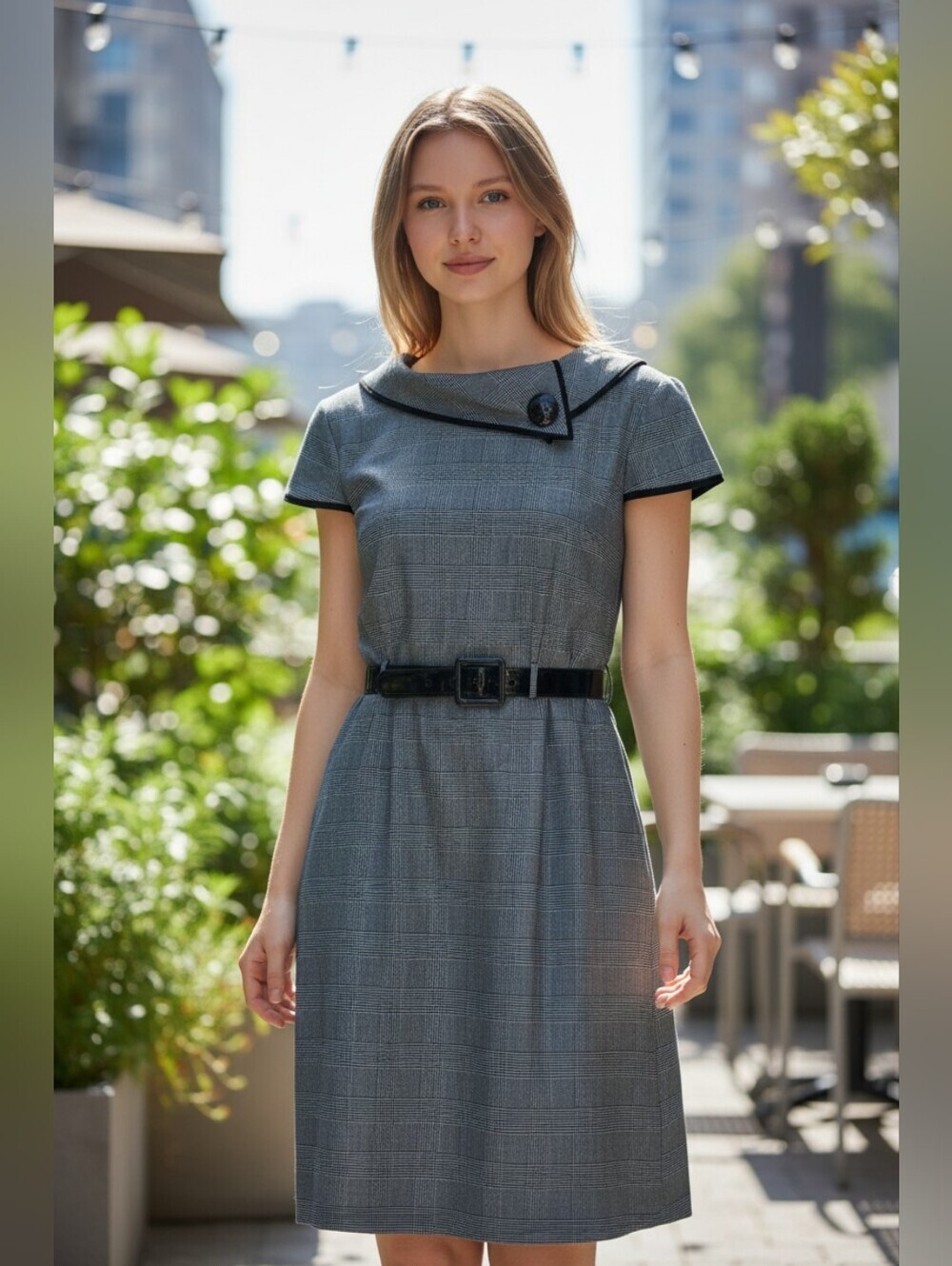 Tahari Gray Plaid Midi Dress with Black Accents